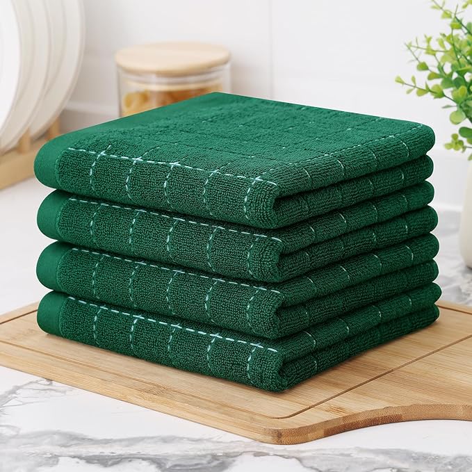Homaxy 100% Cotton Terry Kitchen Towels(Dark Green, 13 x 28 inches), Checkered Designed, Soft and Super Absorbent Dish Towels, 8 Pack