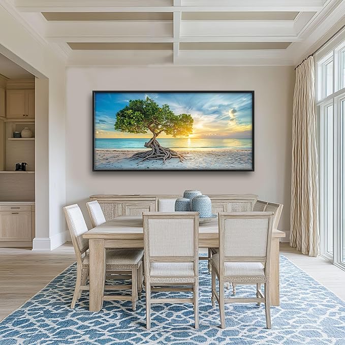 Beach Tree Large Framed Wall Art Sunrise Coastal Sea Pictures Oversized Tree of Life Wall Decor Canvas Print Painting Aesthetic Modern Artwork for Living Room Bedroom Office Bathroom Home Decor 60L"x30W"