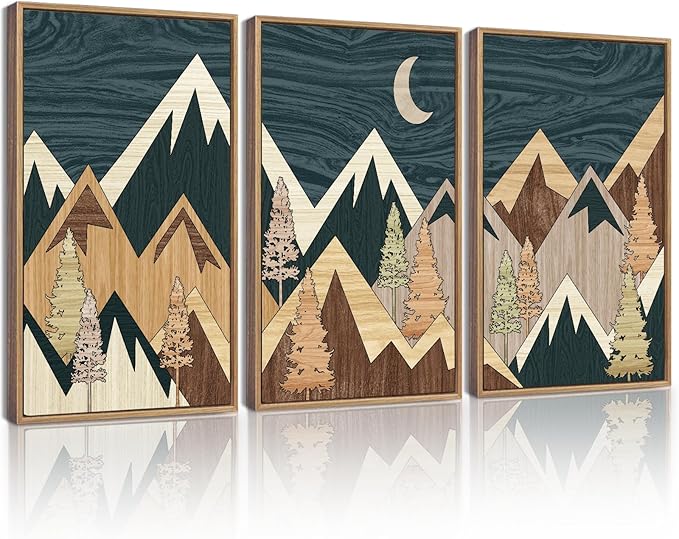 KUVIOKE Woodcut Pine Tree Forest Mountains Framed Wall Art Nature Landscape Prints Morden Farmhouse Bedroom Hallway Ready to Hang 11x14in (Natural Framed)