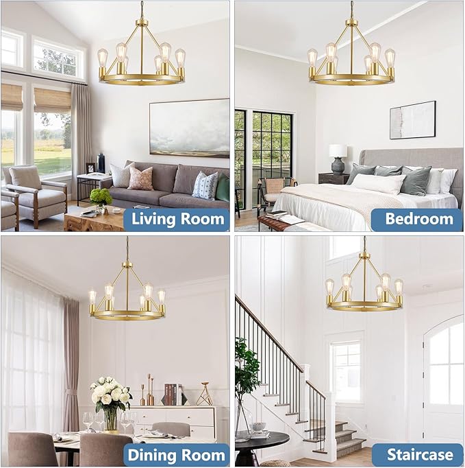 9MMML Gold Wagon Wheel Chandelier, 6-Light Industrial Pendant Light, 20'' Farmhouse Ceiling Hanging Chandelier Light Fixture for Living Room, Bedroom, Entryway, Foyer