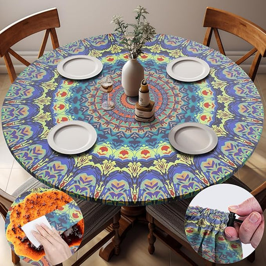 Fitted Mandala Round Tablecloth Waterproof Patio Table Cloths for 45-54" Tables Travel Vacation Camper Accessories Outdoor Road Trip Must Haves New Home Living Room House Decorations