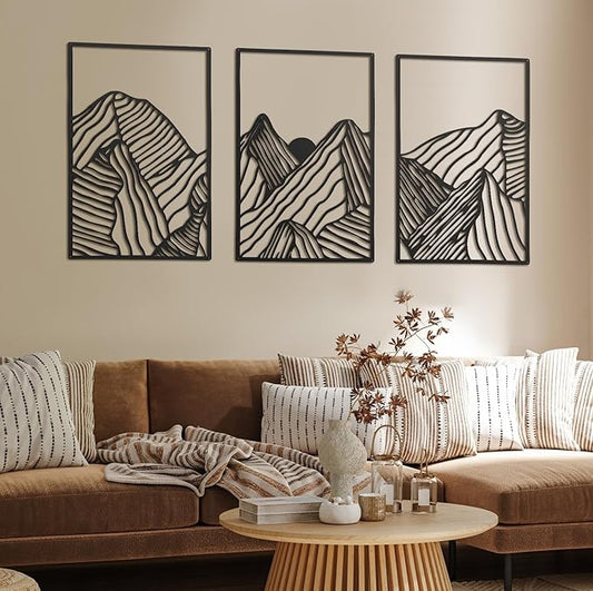 Peryiter 3 Pcs Metal Wall Art Decor Landscape Mountain Wall Hanging Decor for Living Room Abstract Minimalist Modern Mountain Line Pictures Summer Bathroom Office Home Gifts Indoor(Black)