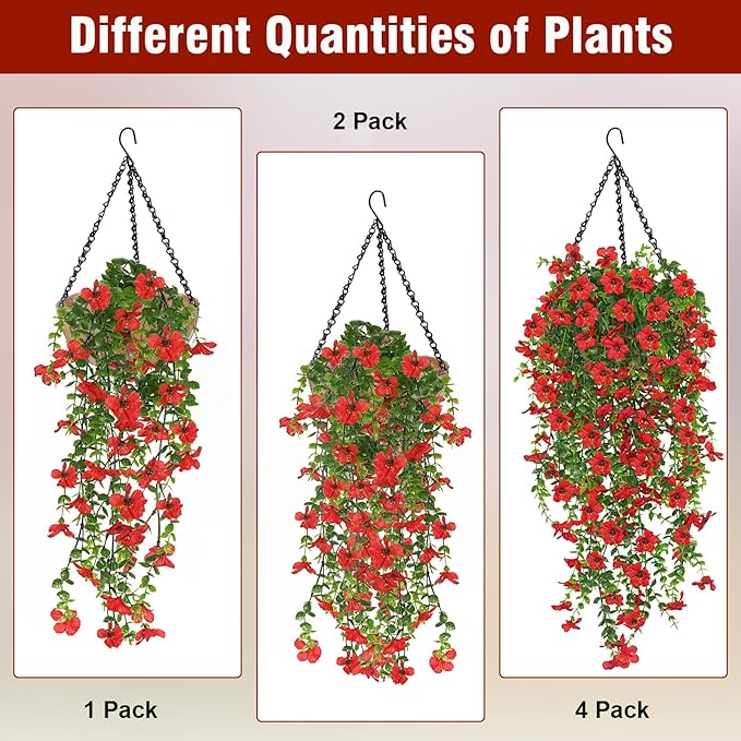 4 Pcs Fall Artificial Hanging Flowers for Outdoors,Fake Hanging Plants,Artificial Mums for Outdoors,Fall Decorations for Home,Outdoor Fall Decor(Red)