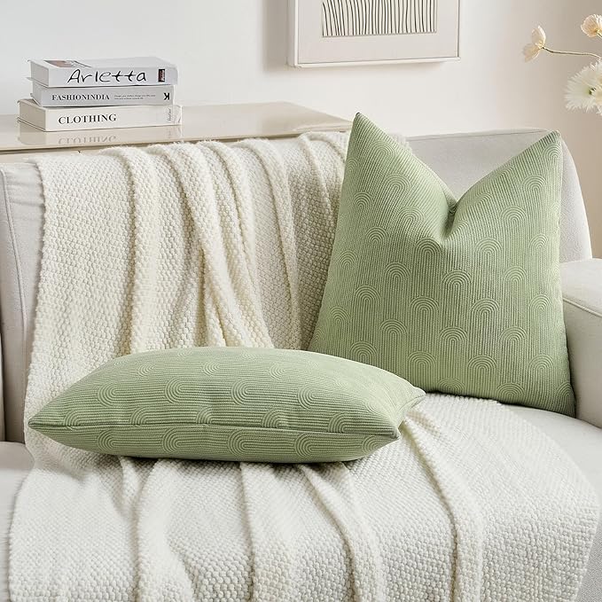 FUTEI Pea Green Chenille Decorative Throw Pillow Covers 22x22 Inch Set of 2,Soft Cozy Striped Geometric Patterns Cushion Case,Modern Home Decor for Couch Bed Living Room
