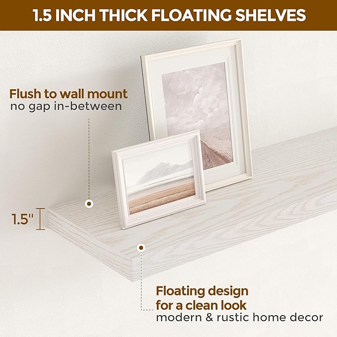 Floating Shelves 55 Inch Long, 55"W x 9.3"D Wall Shelf Invisible Bracket, 9.3 Inch Deep Floating Shelf for Wall, Rustic Wooden Shelves for Living Room, Kitchem, Bedroom, Brich Color, Set of 1