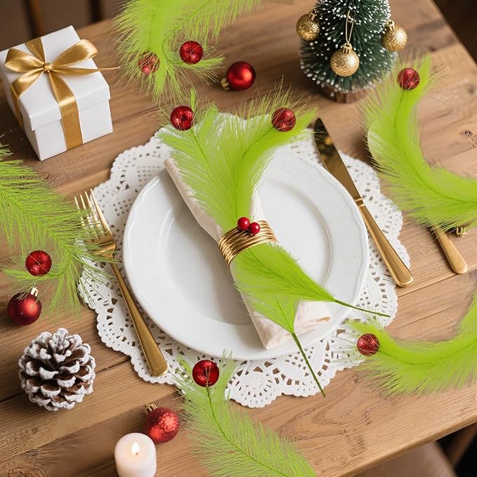 Hananona 30pcs 15" Christmas Picks and Sprays Christmas Tree Filler Green Curly Greenery Stems with Red Ball Xmas Artificial Stems for CraftsTree Decor, Vase Fillers, Home Decorations (30, Green)