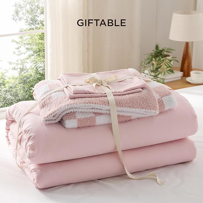 Bedsure Full Comforter Set with Checkered Throw Blanket for Couch - 4 Pieces, 1 Pink Comforter Full Size, 2 Pillow Shams, 1 Checkered Blanket, Super Soft, Lightweight & Fluffy for Bed & Sofa