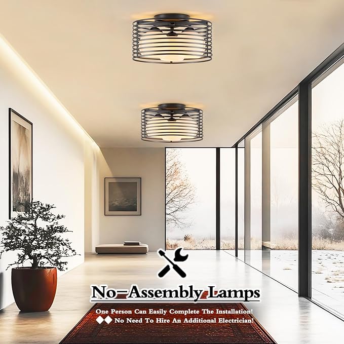 Modern Industrial Matte Black Round Semi Flush Mount Ceiling Light Fixture,Close to Ceiling Lamp Lighting Fixtures With Globe Milk Glass Cover,for Kitchen Master Bedroom Living room Hallway(12.79 in)