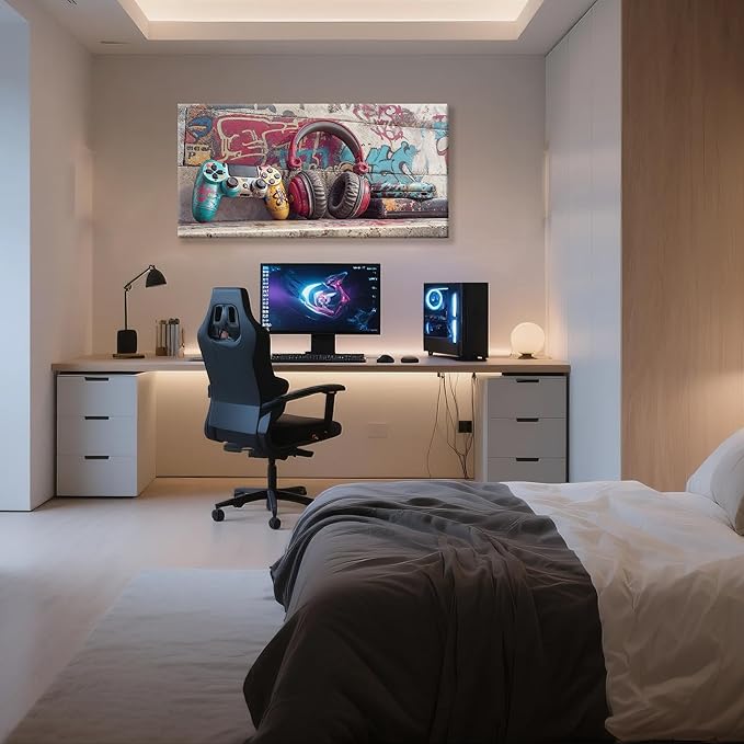 Game Wall Art Graffiti Gamepad Earphone Canvas Art Wall Decor Print Pictures For Bedroom Cool Video Gaming Poster Print Painting Room Decor For Boys Playroom Home Wall Decor Artwork 20"X 40"