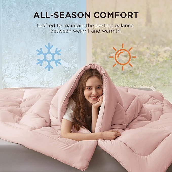 Bedsure Comforter Duvet Insert - Quilted Comforters Twin Size, All Season Duvet, GentleSoft Down Alternative Bedding, with 8 Tabs, Gifts for Women/Men, Pink, Twin 88 x 68 Inches