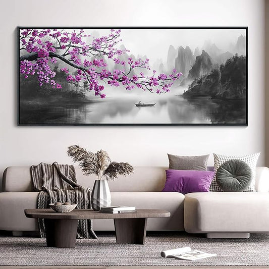 YDYSUNE Large Purple Wall Art Decor for Living Room Bedroom Framed Black and White Landscape Full Moon Purple Flower Painting Canvas Picture Plum Blossom Artwork for Home Office 70x31IN