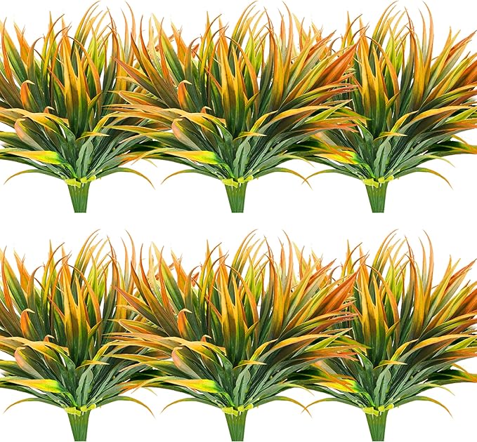 16 Pcs Outdoor Fake Plants UV Resistant Artificial Tall Grass Plants Faux Tropical Flowers Bushes Fall Winter Summer Planters Yard Patio Front Porch Décor Plastic Greenery Shrubs Decoration