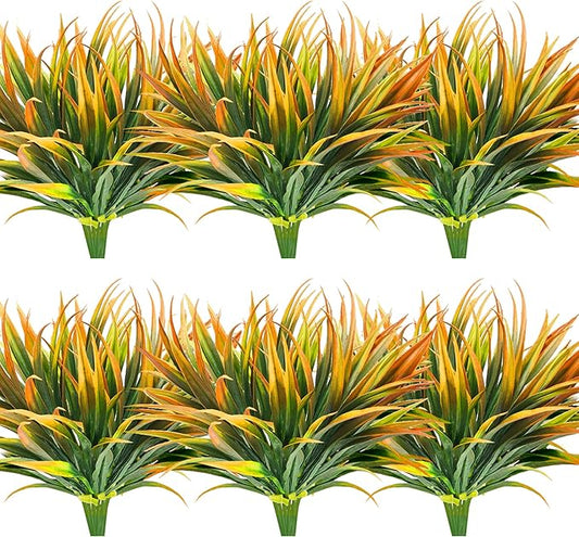 16 Pcs Outdoor Fake Plants UV Resistant Artificial Tall Grass Plants Faux Tropical Flowers Bushes Fall Winter Summer Planters Yard Patio Front Porch Décor Plastic Greenery Shrubs Decoration