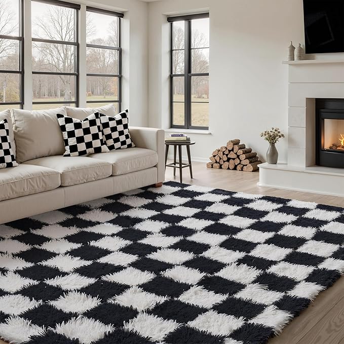 Checkered Rug 6x9 for Living Room, Black and White Modern Shag Rug Washable Non-Slip Large Area Rug Super Soft Indoor Fuzzy Carpet Fluffy Rugs for Bedroom Home Aesthetic Decor