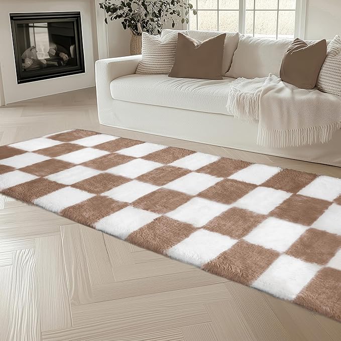 Checkered Area Rug 2x6 for Bedroom, Beige and White Modern Shag Rug Super Soft Runner Carpet Washable Fluffy Rugs for Living Room Bedside Sofa Home Dorm Decor Aesthetic