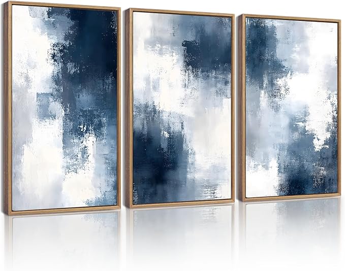 KUVIOKE Navy Blue Abstract Wall Art Framed Neutral Brush Strokes Block Shape Mid Century Art Prints Minimalist Modern Illustrations Bedroom Hallway 12x16in (Natural Framed)