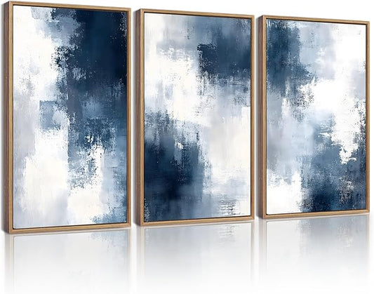KUVIOKE Navy Blue Abstract Wall Art Framed Neutral Brush Strokes Block Shape Mid Century Art Prints Minimalist Modern Illustrations Bedroom Hallway 11x14in (Natural Framed)