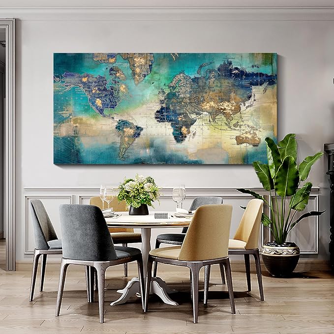 Large World Map Canvas Prints Wall Art for Living Room Office 30x60 Green World Map Picture Artwork Decor for Home Decoration