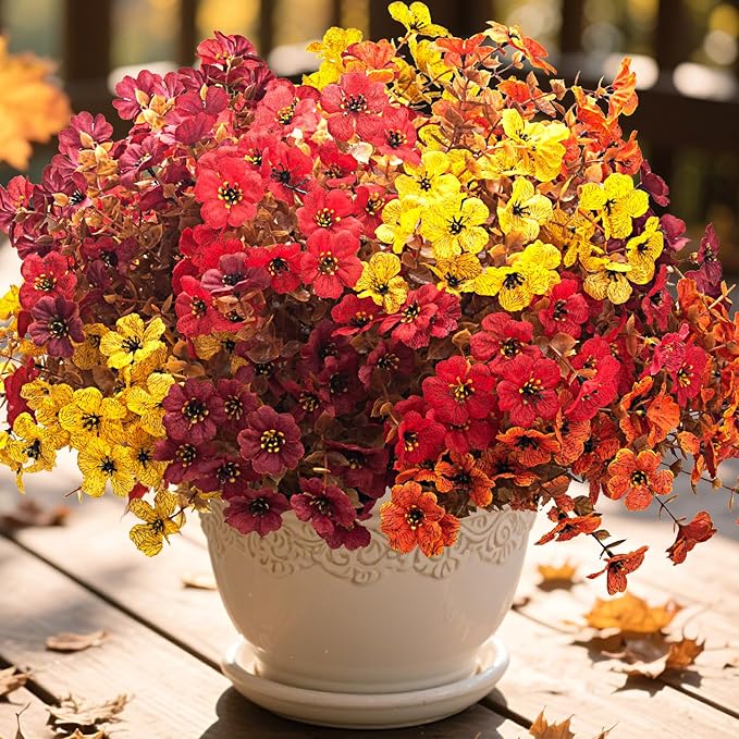 16 Bundles Artificial Fall Flowers Outdoor UV Resistant, Faux Greenery for Hanging Planters & Window Box - No Fade Thanksgiving Christmas Decor, Garden Porch Wedding (Mixed Colors)