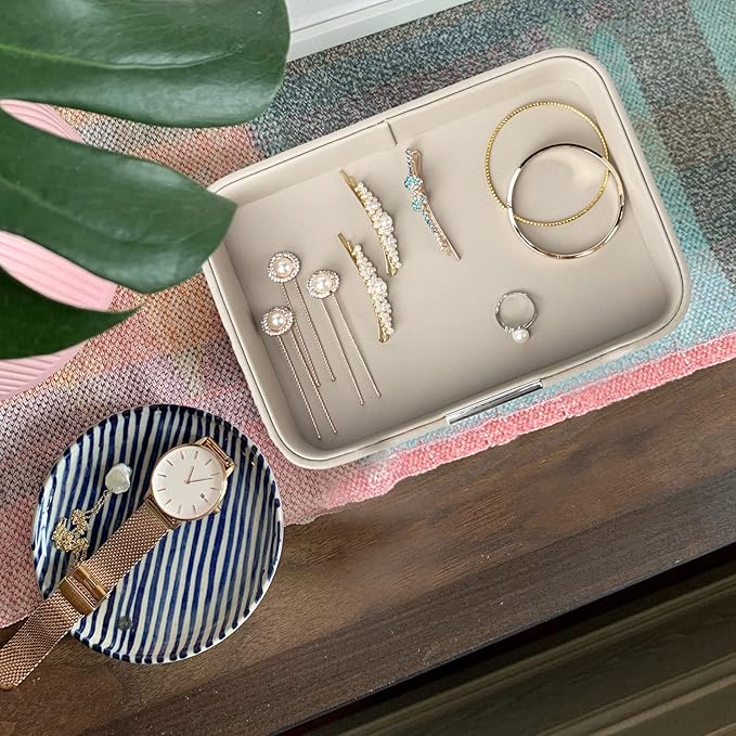 SANZIE Luxury Leather Tray Desktop Storage Catchall Organizer Decorative Tray for Entryway Table to Hold Jewelry Watch Keys Phone Wallet (Metal Silvered, Grey)