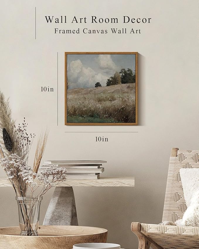 InSimSea Square Framed Canvas Wall Art, Scenery Field Landscape Vast Grassland Farmhouse Wall Art Decor, Classical Nature Painting for Living Room Bedroom Office Home Decor 10"x10"