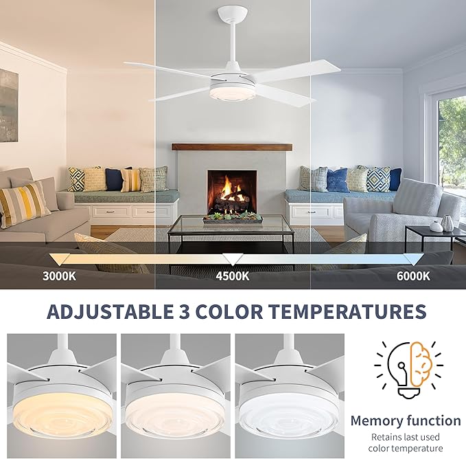 WINGBO 52 Inch Ceiling Fan with Lights and Remote, 3CCT, Modern Ceiling Fan with Ripple Glass Shade, 6-Speed Reversible DC Motor for Bedroom Living Room Kitchen Hallway, Gloss White