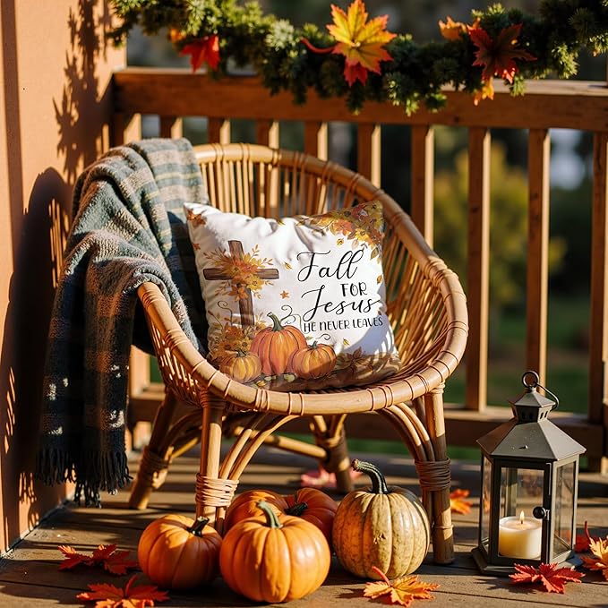 Christian Fall Pillow Covers 18x18, Farmhouse Autumn Decor, Fall for Jesus He Never Leaves Autumn Maple Leaf Pumpkin Decorative Throw Pillow Covers for Home Bedroom Living Room