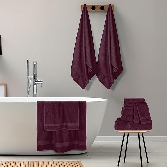 GLAMBURG Ultra Soft 24-Piece Towel Set - 100% Pure Ringspun Cotton, Contains 8 Oversized Bath Towels 27x54, 8 Hand Towels 16x28, 8 Wash Cloths 13x13 - Ideal for Everyday use, Hotel & Spa - Burgundy