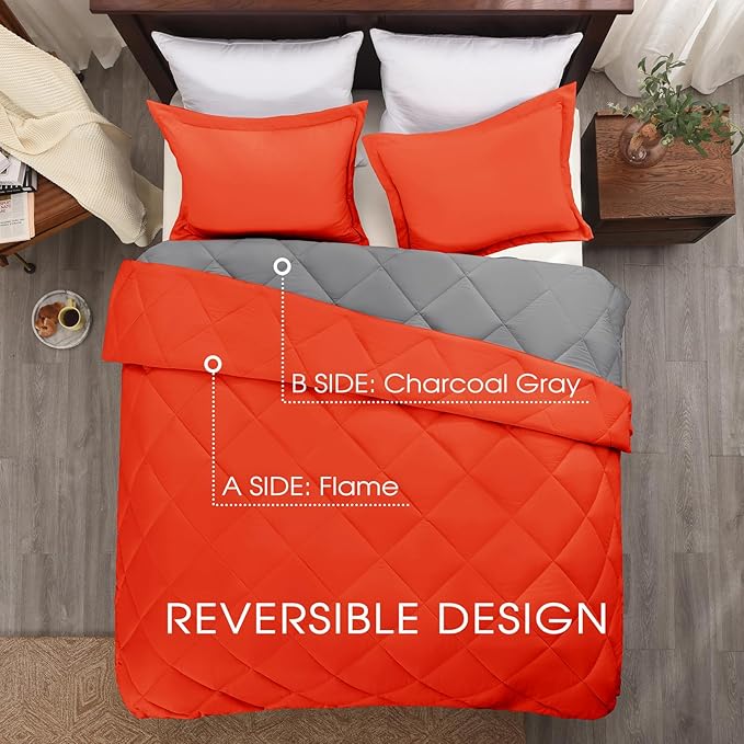 Basic Beyond King Size Comforter Set - Orange Reversible King Bed Comforter Set for All Seasons, Flame/Charcoal Gray, 1 Comforter (104"x92") and 2 Pillow Shams (20"x36"+2")
