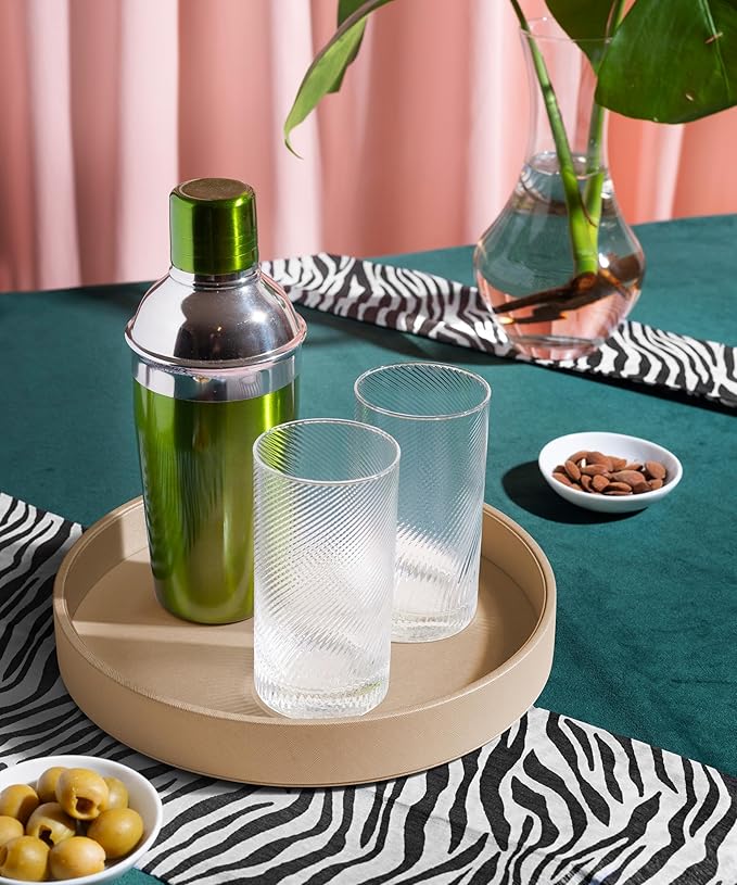 12.6 Inch Round Serving Tray, Home Decorative LeatherOttoman Wooden Decor Platter Bathroom Vanity Tray for All Occasions Anti Slip Khaki