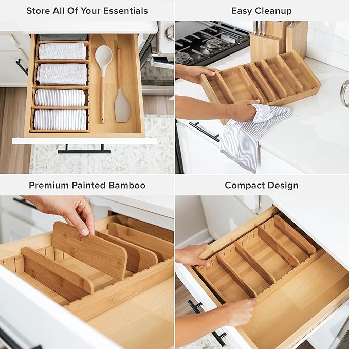 Bamboo Kitchen Towel and Food-Storage Organizer, Perfect for Kitchen Drawers, Cabinets, Pantry, 5 Adjustable Wall Inserts, Organize & Store Plastic Food Containers