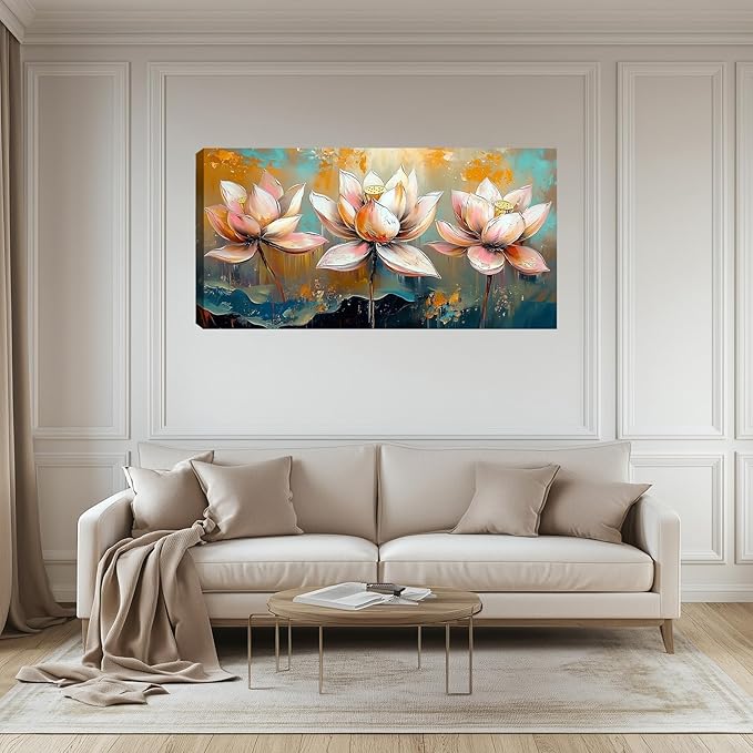 Large Zen Canvas Wall Art Pink Lotus Flower Picture Wall Decor Landscape Painting Artwork Framed for Bedroom Living Room Kitchen Room Office Home Decor 48L x 24W