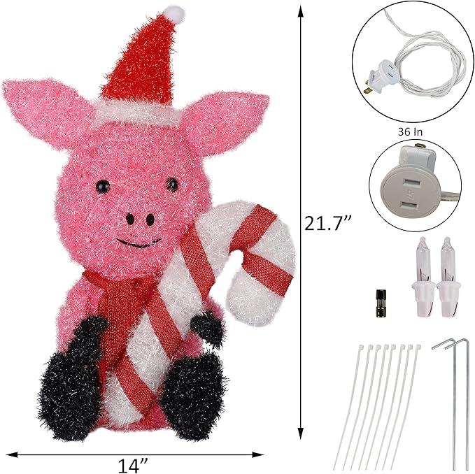 Prsildan Christmas Lighted Decoration 21" Pink Pig, 35 Lights 3D Pig with Christmas Hat & Candy Canes, Cute Decorations for Indoor Outdoor Home Kitchen Yard Garden Holiday Party
