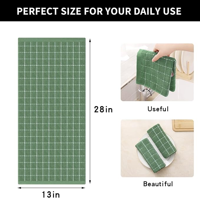 Homaxy 100% Cotton Terry Kitchen Towels(Grass Green, 13 x 28 inches), Checkered Designed, Soft and Super Absorbent Dish Towels, 8 Pack
