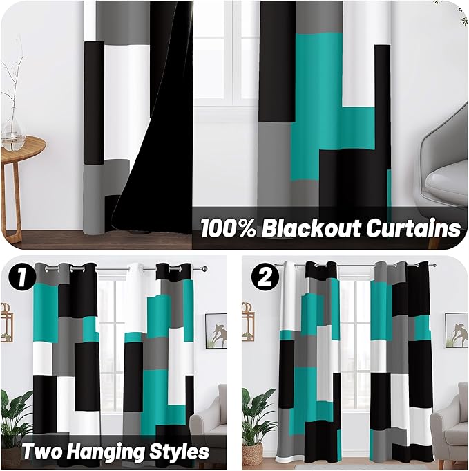 Teal/Turquoise 100% Blackout Curtains for Bedroom 63 inch Length 2 Panels Set White Grey Modern Abstract Geometric Black Out Curtains Room Darkening Window Drapes for Living Room, 42Wx63L