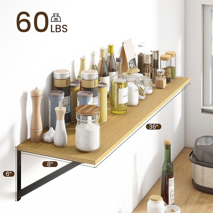 Fun Memories Deep Floating Shelves for Wall, 36W x 8D Wall Mounted Shelves Set of 2, Wide Display Ledge Shelf with Sturdy Metal Brackets for Living Room, Bathroom, Bedroom and Kitchen, Oak