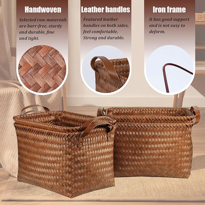 BROWNLILY Handwoven Clothes Basket Laundry Hampers Large Wicker Storage Baskets for Shelves Blankets Closet Storage Bins Car Bedroom Bathroom Organizers and Storage Bath (Pack of 4, Brown)