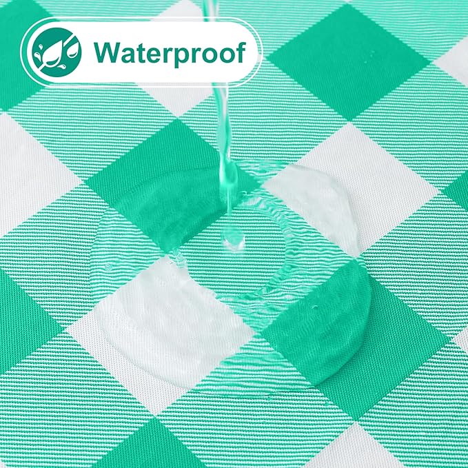 misaya Round Waterproof Vinyl Table Cloth, Buffalo Flannel Backed Tablecloth, Wipeable Plastic Table Cover for Dinner, Kitchen, Picnic (60", Green and White)