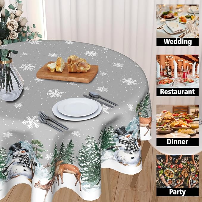 Winter Snowflake Round Tablecloth 60 Inch Winter Deer Pinetree Decoration Table Cloth Winter Woodland Decorative Table Cloth Holiday Tablecloths Christmas Snowman Table Cover for Home Kitchen Dinner