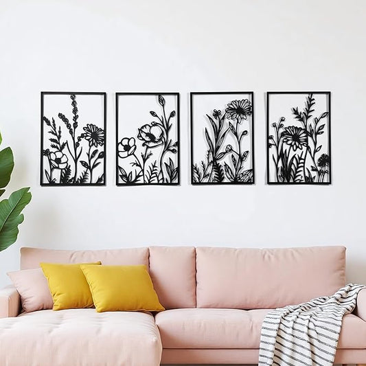 GALLERY GRACE Floral Metal Wall Art for Living Room - 4 Pieces, 16" x 11" Handmade Floral Metal Wall Decor for Bedroom, Living Room, Office - Modern, Boho, Minimalist Style