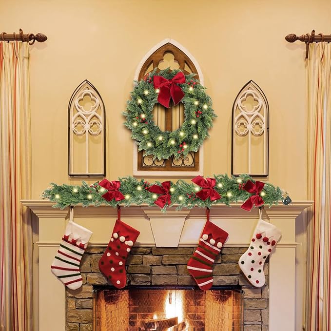 6ft Christmas Garland with Lights,Lighted Cedar Garland for Mantle,Prelit Real Touch Artificial Green Christmas Winter Garland with Large Burgundy Velvet Bow for Indoor Outdoor Decor