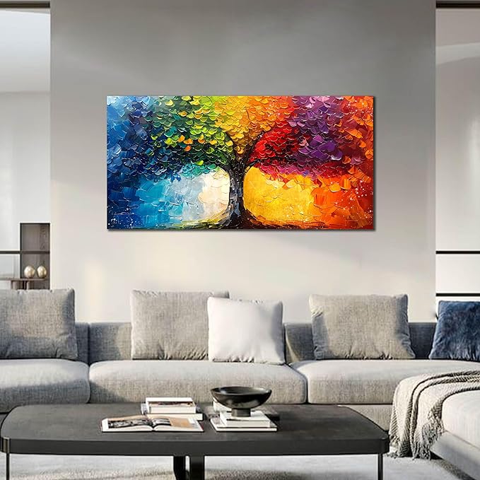 Large Tree Pictures for Living Room - Modern Canvas Wall Art for Office - Colorful Wall Decor for Girls Bedroom Size 29" x 59"