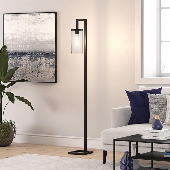 Henn&Hart 67.75" Tall Floor Lamp with Glass Shade in Blackened Bronze/Clear, Floor Lamp for Home Office, Bedroom, Living Room
