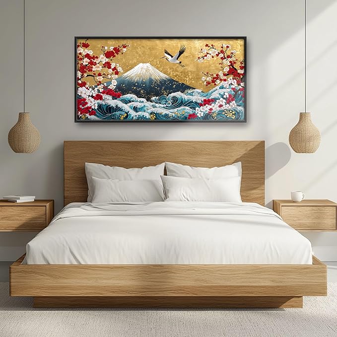 Japanese Large Wall Art for Living Room, Fuji Mountain Oversized Wall Decor Pictures, Ocean Wave Framed Canvas Print Painting, Vintage Artwork for Bedroom Office Home Decor 60"x30"