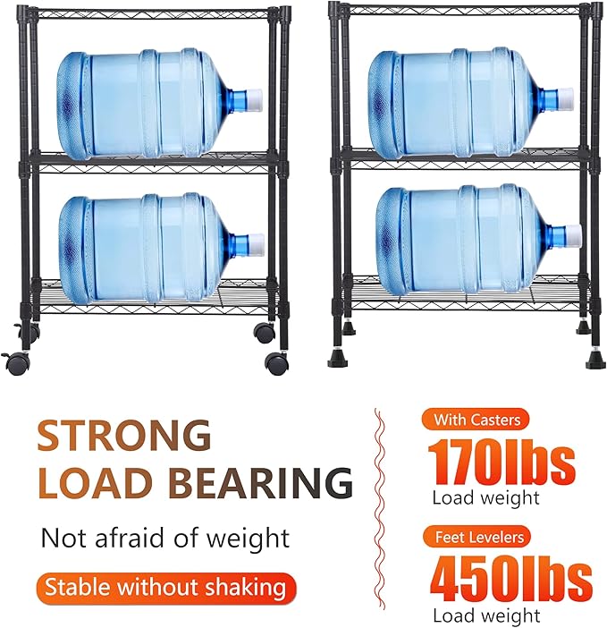 BestOffice | 3-Tier Wire Storage Shelves with Wheels | 23x13x31 | Black | Adjustable Racks | Heavy-Duty Metal Shelf, Holds Upto 170 lbs | No-Tool Assembly | Ideal for Home & Garage Shelving