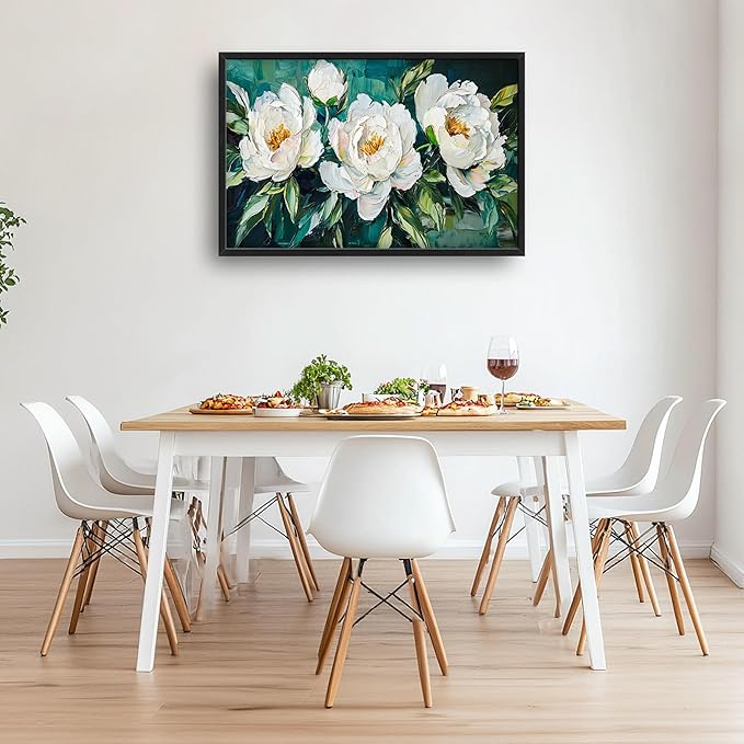 White Flower Large Wall Art for Living Room, Peoney Floral Oversized Wall Decor Pictures, Rustic Framed Canvas Print Painting, Modern Artwork for Bedroom Office Home Decor 36"x24"