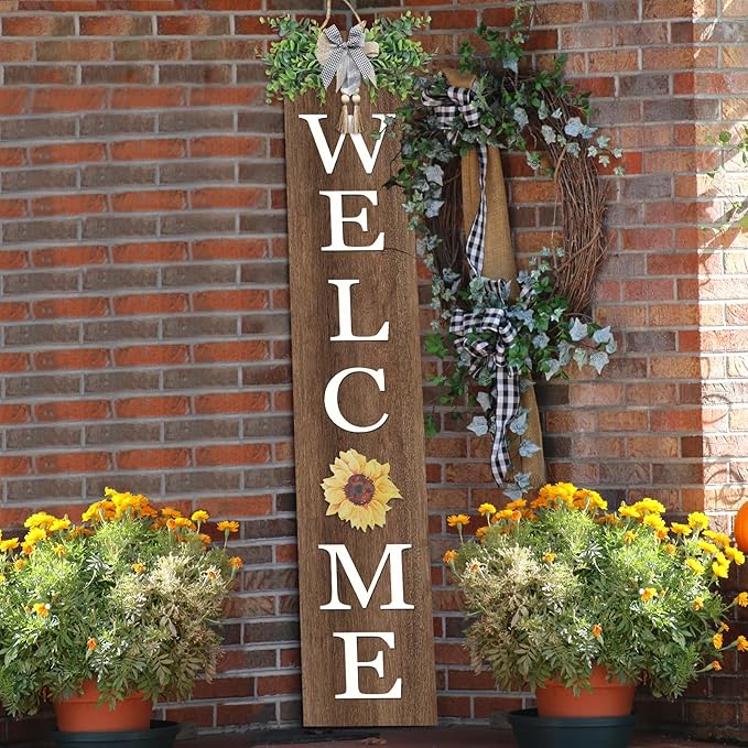 Interchangeable Outdoor Welcome Sign for Front Porch Standing 47"×8" Set of 3 Large Wood Frame with 12 Pcs Icons Vertical Tall Leaner Outside Welcome Sign for Front Door Decor(Wood)