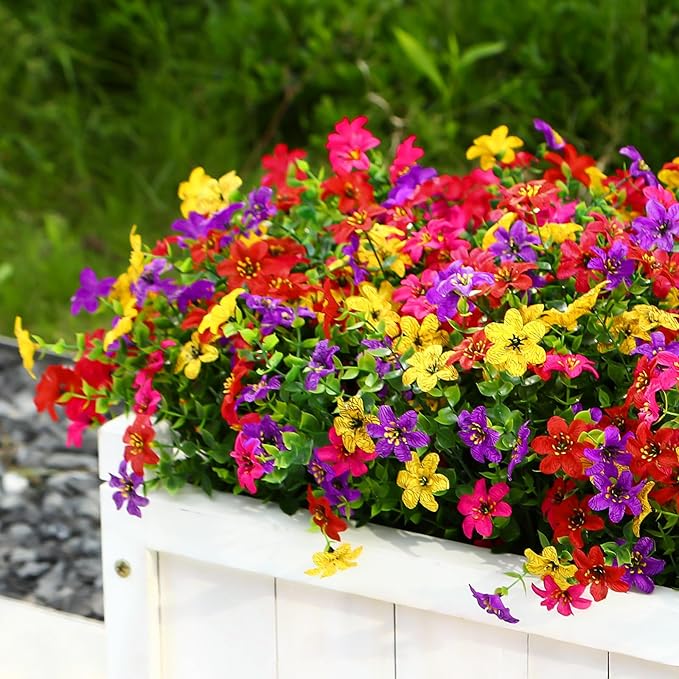 SHareconn Artificial Flowers for Outdoors Spring Decoration, Fake Silk Realistic Faux Plants UV Resistant for Outdoor Planter Porch Patio Summer Outside Decor, 20 Bundles,RedRosyPurpleYellow