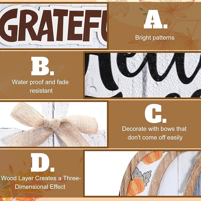 Bucherry 5 Set Fall Porch Decoration Pumpkin Wood Porch Standings Thankful Grateful Blessed Hello Fall Welcome Sign Decor with Base for Thanksgiving Festival Home Front Door Garden(Grey Style)