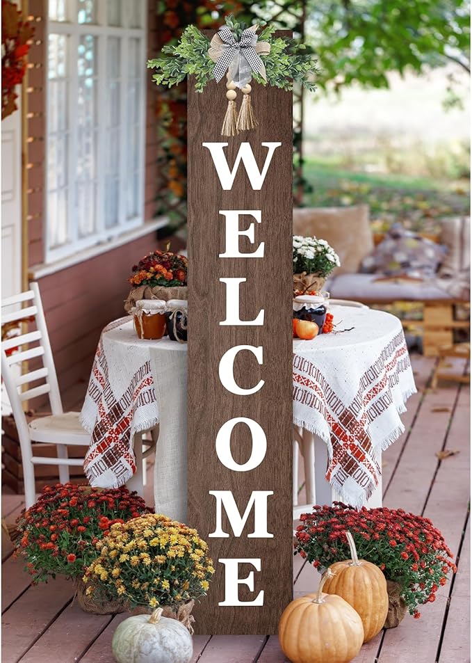 Outdoor Welcome Sign for Front Door Standing 47"X8" Large Farmhouse Wood Framed Tall Leaner Vertical Decor Rustic Home Outside Welcome Sign for Front Porch Decoration (Wood)
